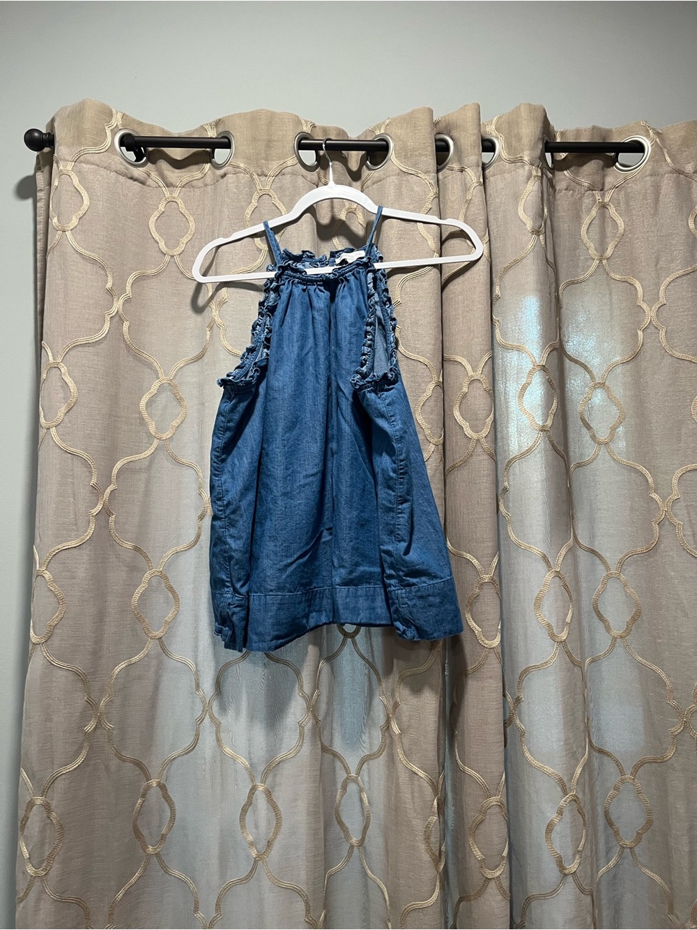 crown & ivy Blue Chambray Halter Mini Top with Ruffle Trim